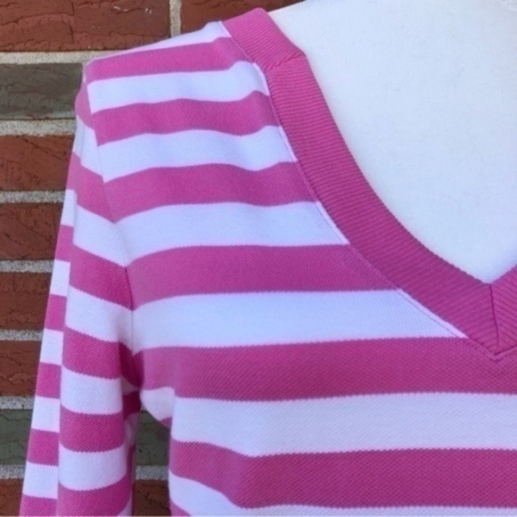 🌷 Brooks Brothers 346 V-neck Horizontal Striped 3/4 Sleeve Pink White Dress - Picture 1 of 12